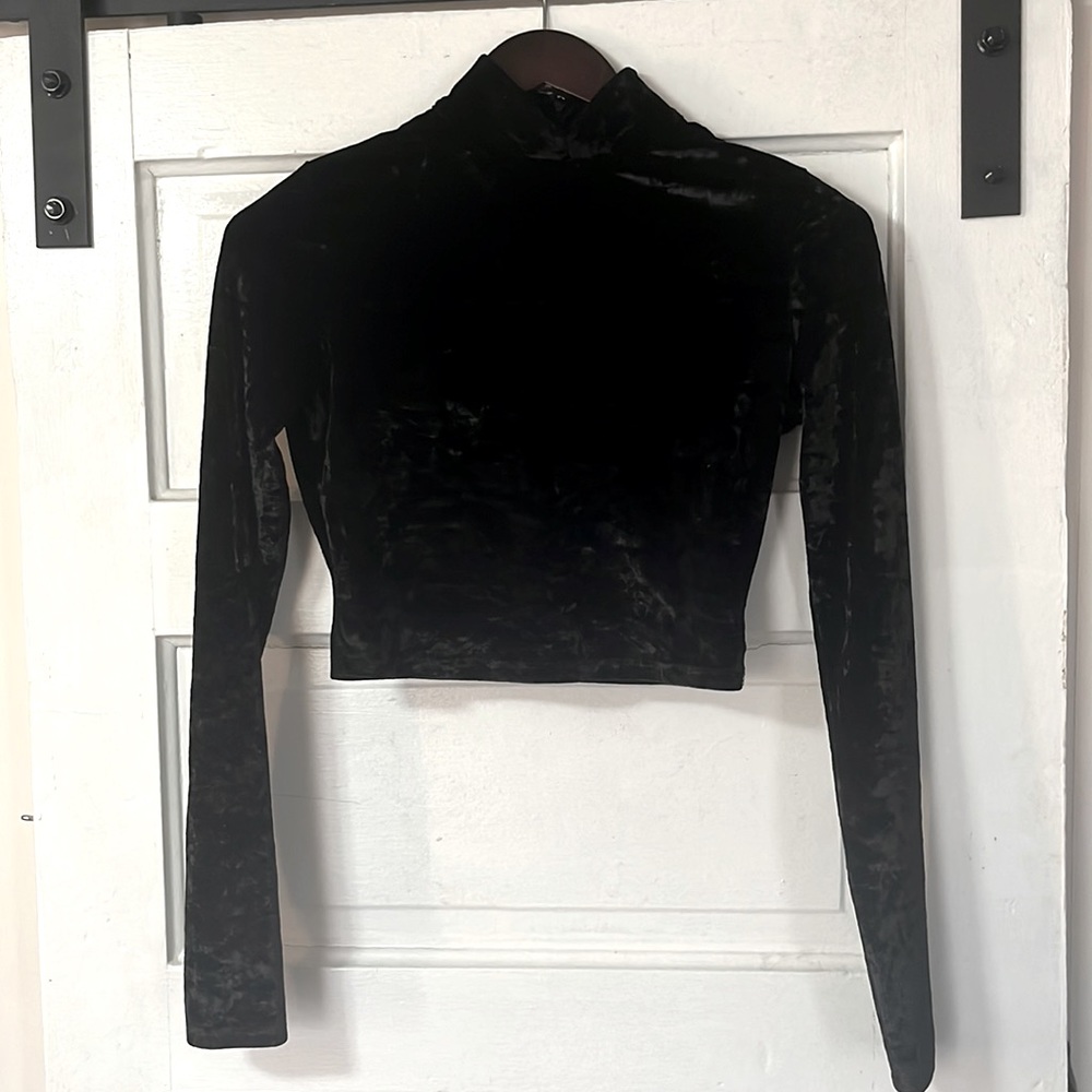 Winter Chic - Black Crushed Velvet Cropped L/S True Religion Top